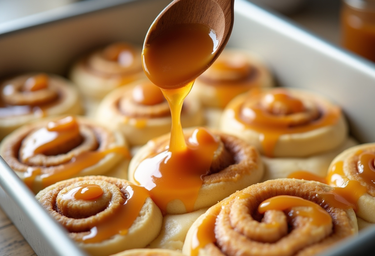 Caramel sauce being drizzled over cinnamon roll dough for Cinnamon Roll Bliss Bars.