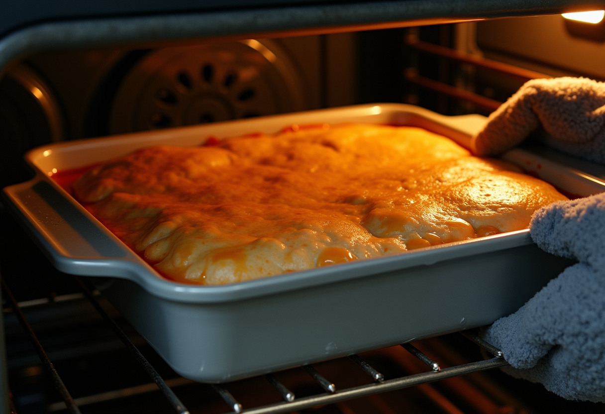 Baking dish with Cinnamon Roll Bliss Bars mixture being placed in the oven.