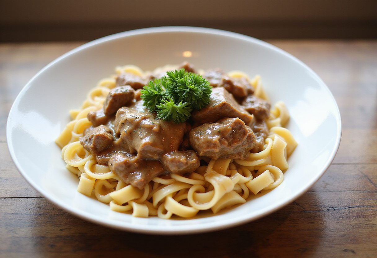 Classic Beef Stroganoff with egg noodles and parsley garnish, ready to eat.
