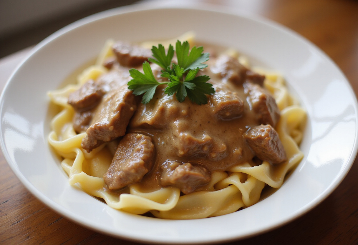 Classic Beef Stroganoff with egg noodles and parsley garnish, ready to eat.