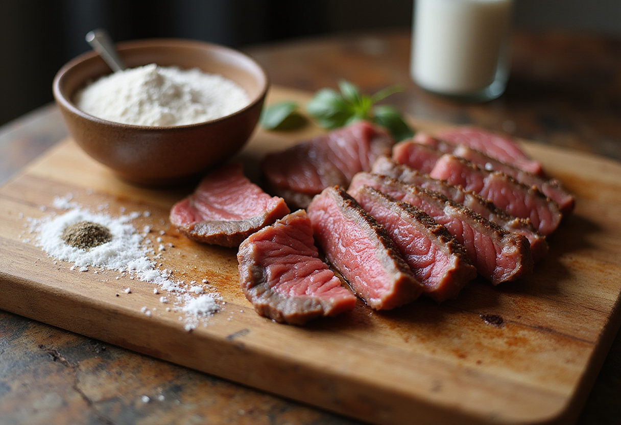 Thinly sliced sirloin steak next to flour for Classic Beef Stroganoff.