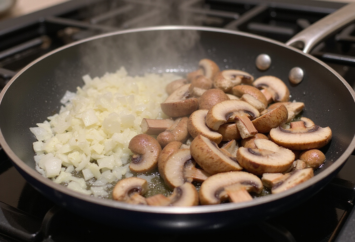 Onions and mushrooms sautéing in butter for making Beef Stroganoff.