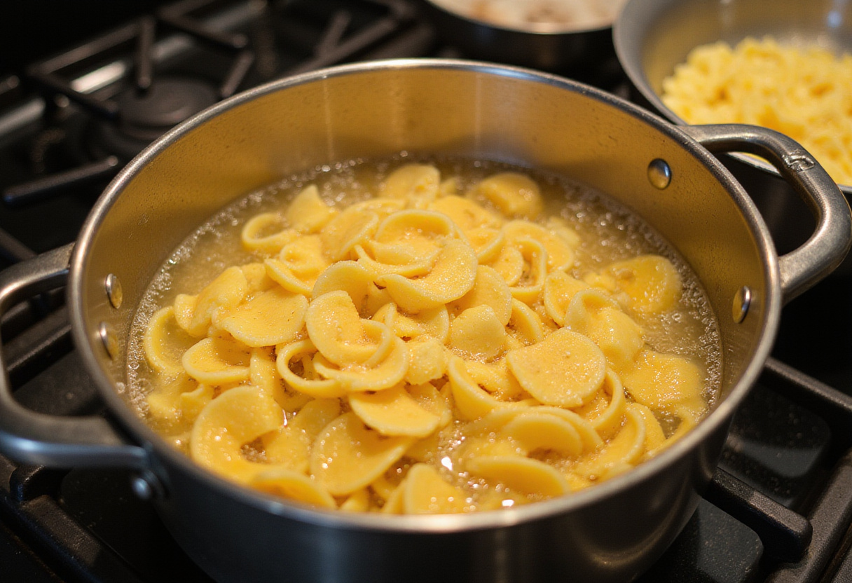 Egg noodles boiling for serving with Beef Stroganoff.