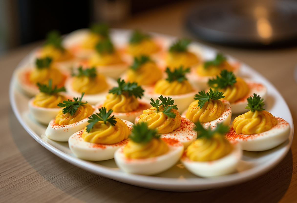 Classic Deviled Eggs beautifully garnished and ready to serve.