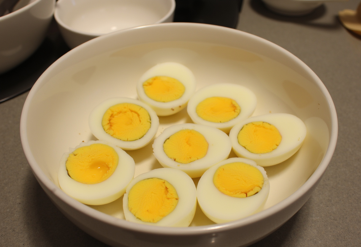 Halved hard-boiled eggs with yolks removed for Classic Deviled Eggs.