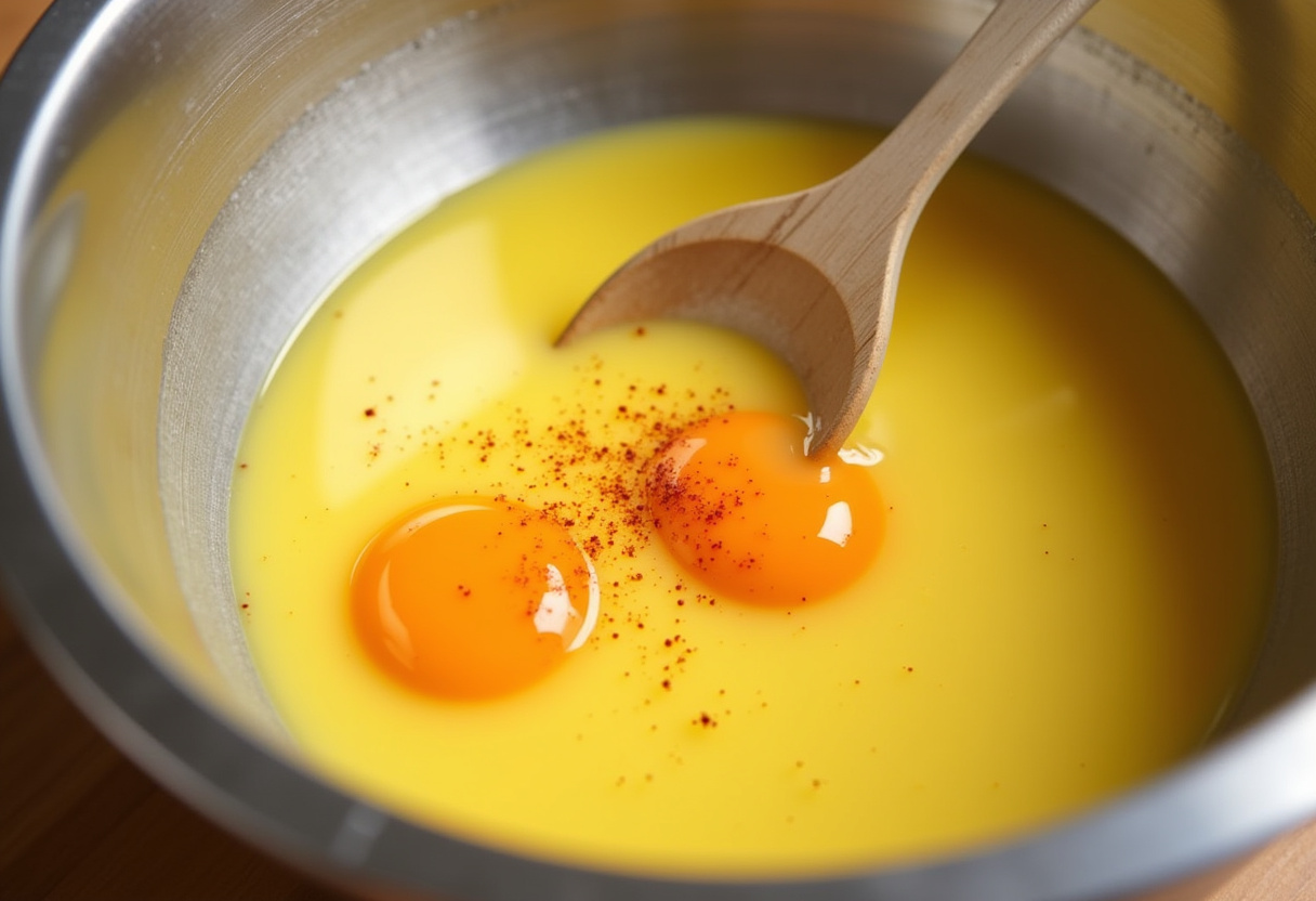 Egg yolk mixture with mayonnaise and mustard for Classic Deviled Eggs filling.