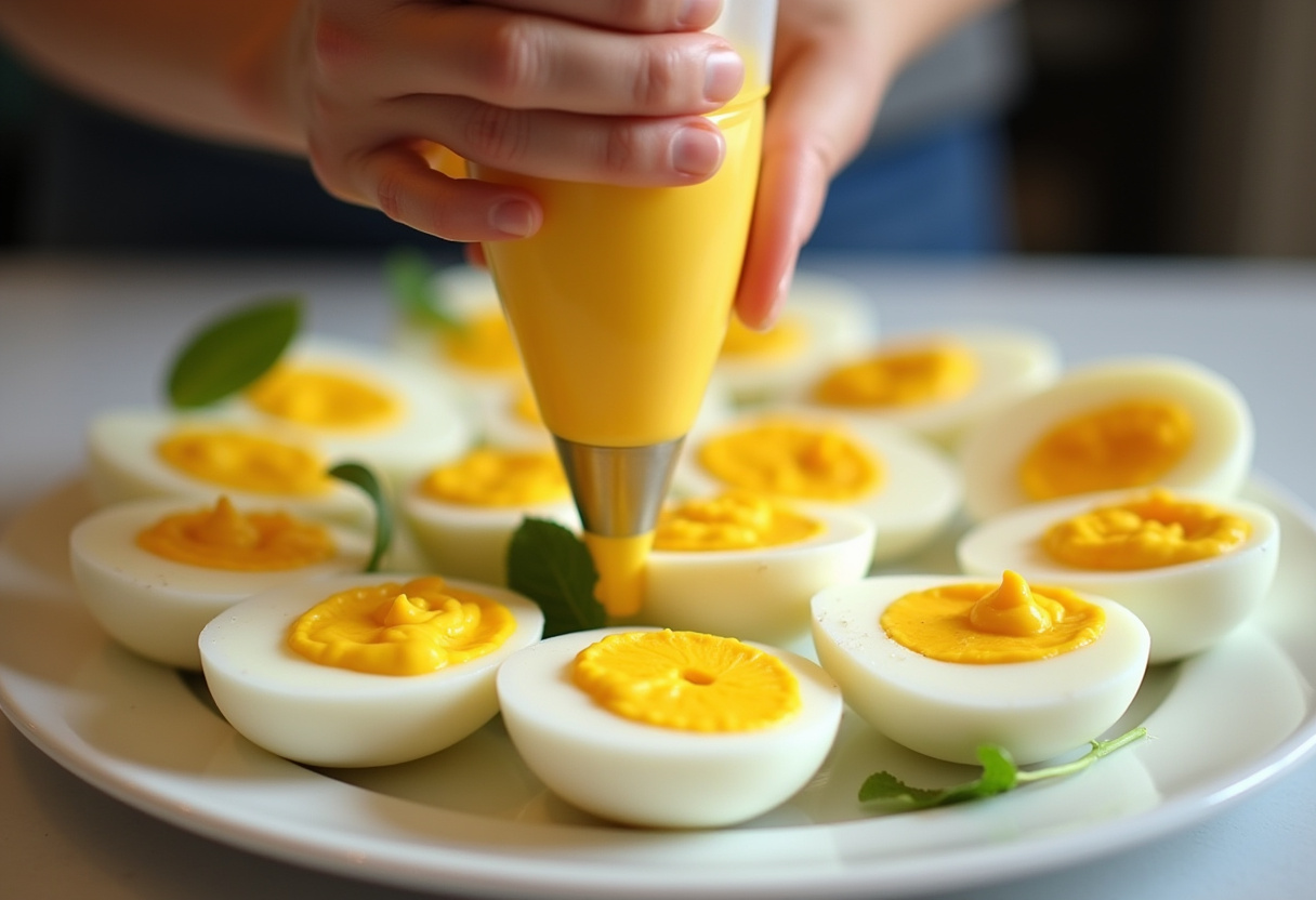 Piping deviled egg filling into egg whites for Classic Deviled Eggs.