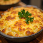Finished Classic Scalloped Potatoes with golden crust and melted cheese, perfect for a family meal.