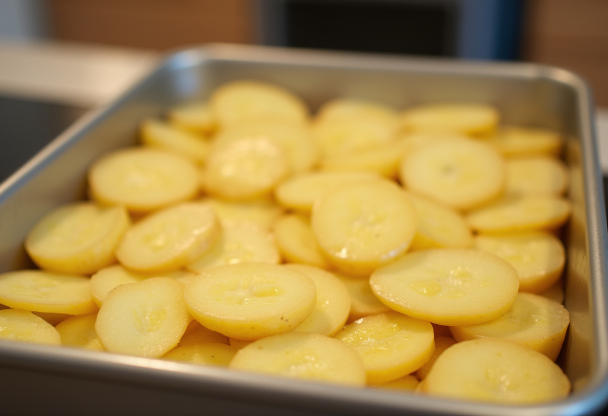 Thinly sliced potatoes arranged in a baking dish for Classic Scalloped Potatoes.