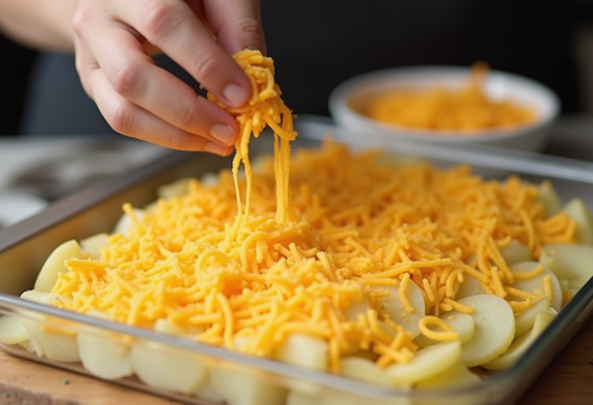 Shredded cheese being sprinkled over potatoes for Classic Scalloped Potatoes.