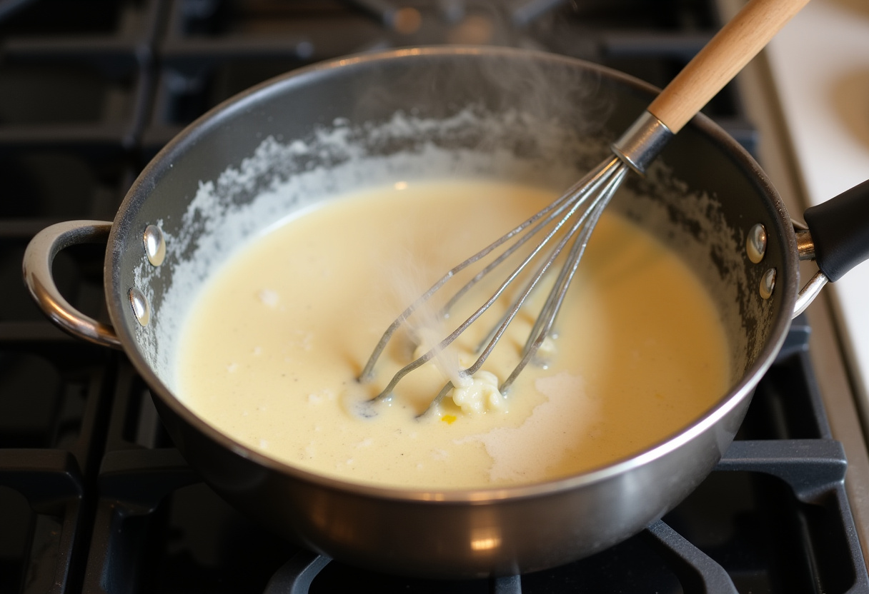 Creamy sauce being prepared on the stove for Classic Scalloped Potatoes.