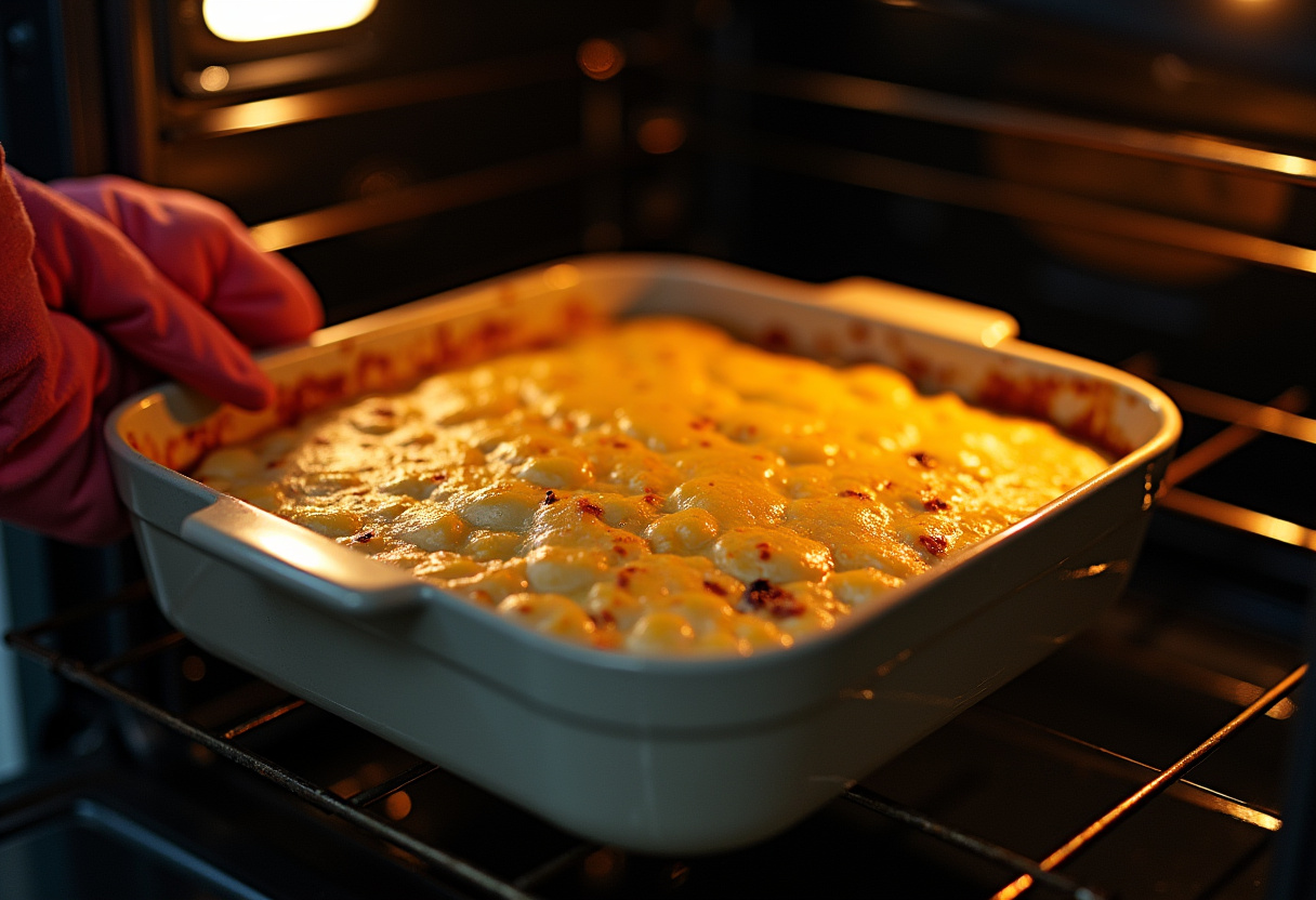 Baking dish with Classic Scalloped Potatoes being placed in the oven.