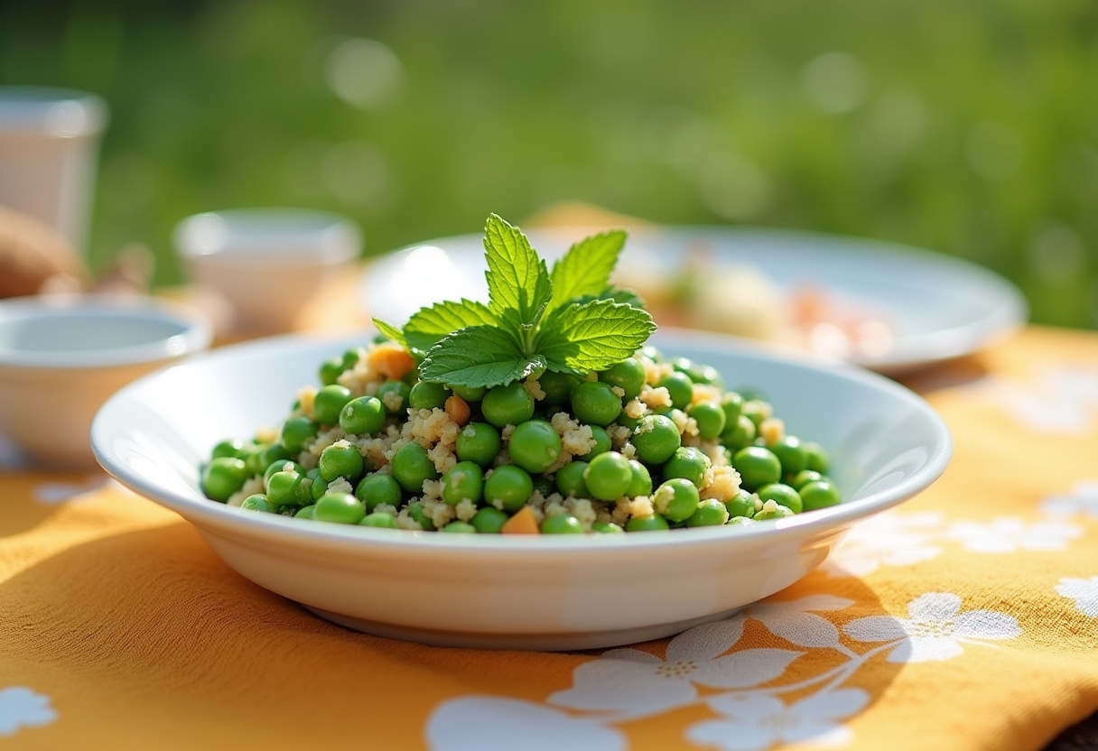 Finished Classic Spring Pea Salad garnished with mint, ready to be served.