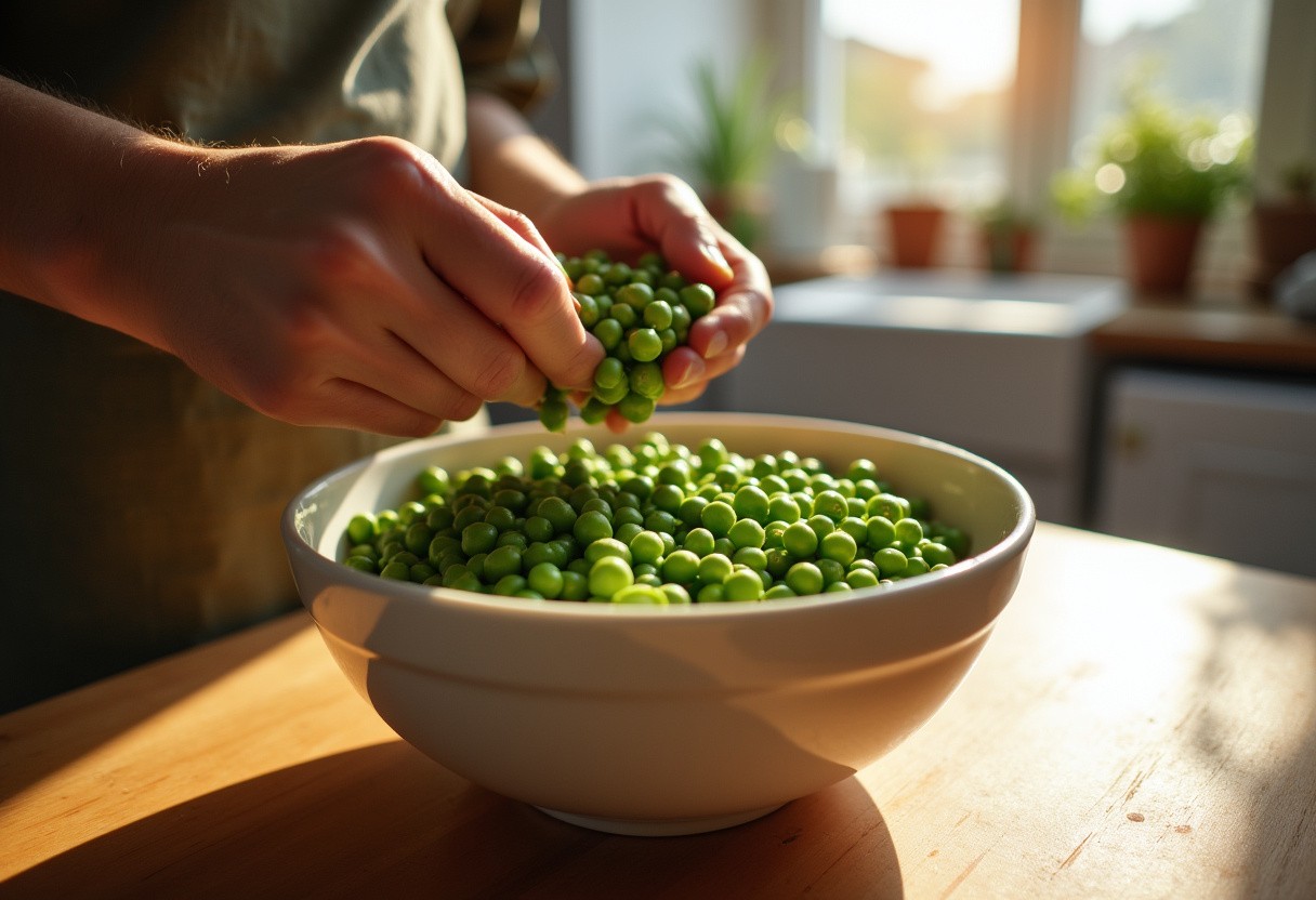 Fresh peas being shelled for a Classic Spring Pea Salad recipe.