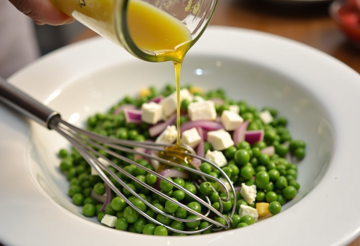 Homemade vinaigrette being poured over ingredients for Classic Spring Pea Salad.