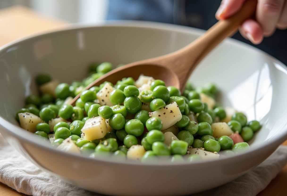 Tossing pea salad ingredients together in preparation for serving.