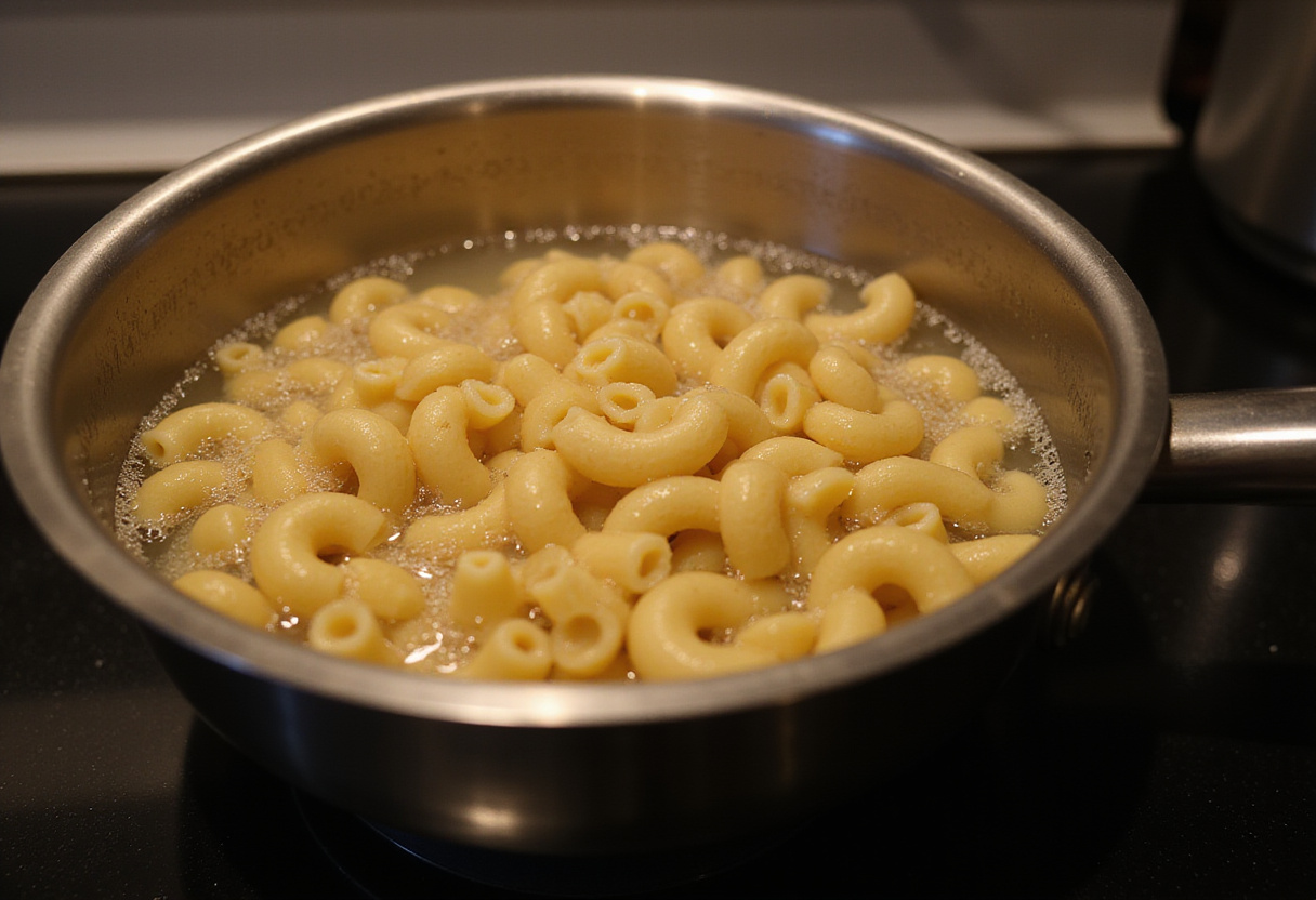 Elbow macaroni boiling in a saucepan for Cracker Barrel Macaroni and Cheese.