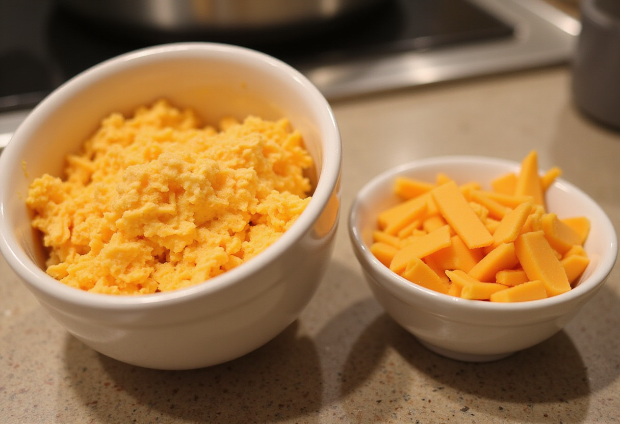 Shredded cheddar and American cheese prepared for classic macaroni and cheese.