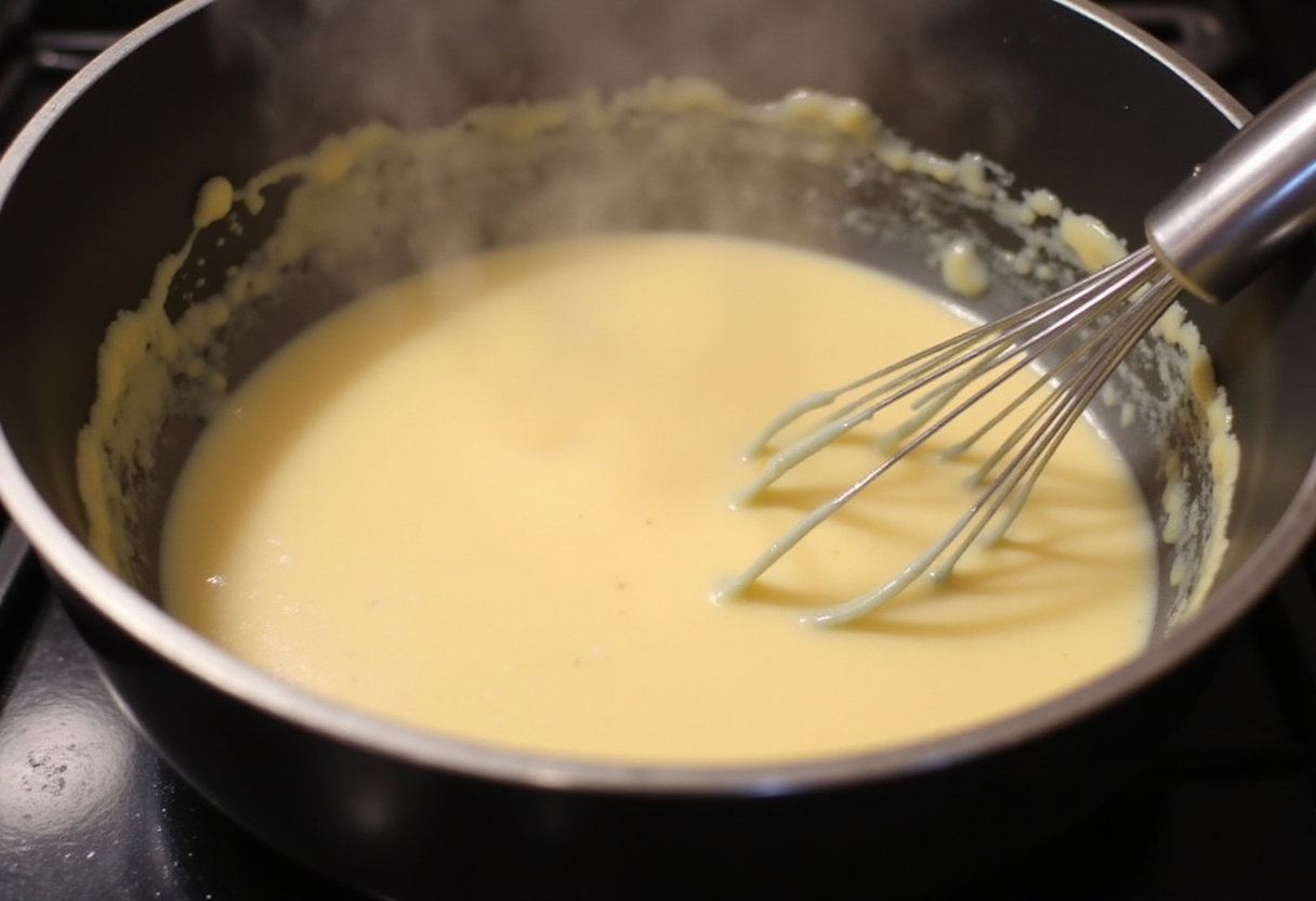 Creamy cheese sauce being whisked in a saucepan for Cracker Barrel Macaroni and Cheese.