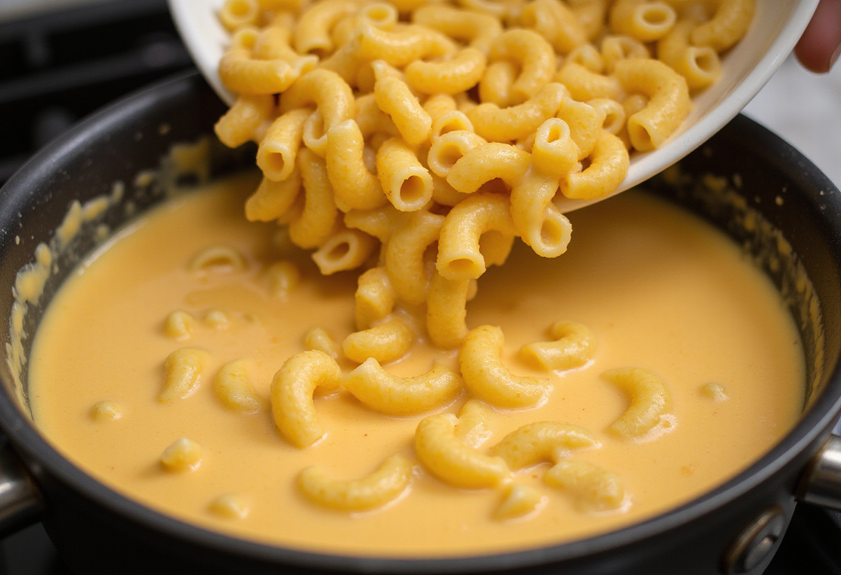 Cooked macaroni being added to cheese sauce for homemade macaroni and cheese.