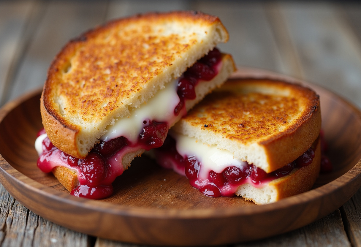 Delicious Cranberry Brie & Mozzarella Grilled Sandwich with melted cheese and cranberries.