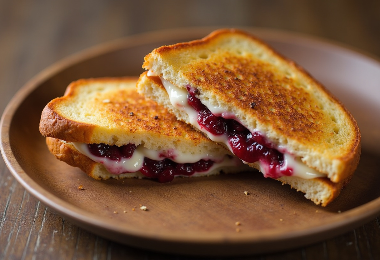 Delicious Cranberry Brie & Mozzarella Grilled Sandwich with melted cheese and cranberries.