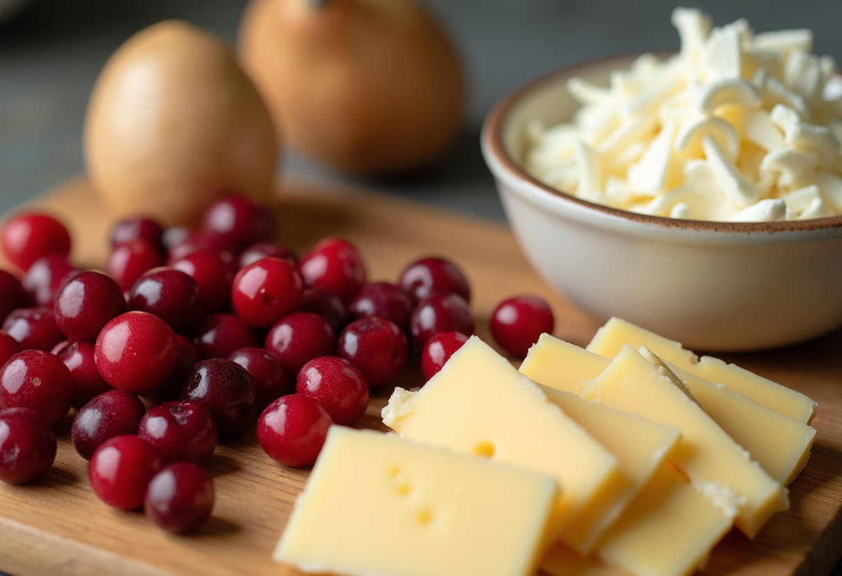 Fresh cranberries and brie cheese slices prepared for Cranberry Brie & Mozzarella Grilled Sandwich.