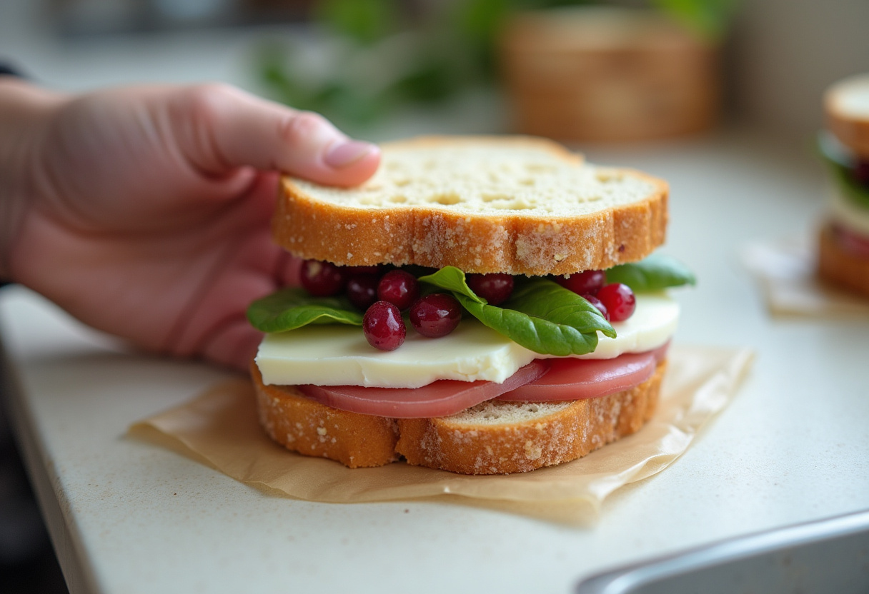 Cranberry, brie, and mozzarella layered between bread slices for grilled sandwich.