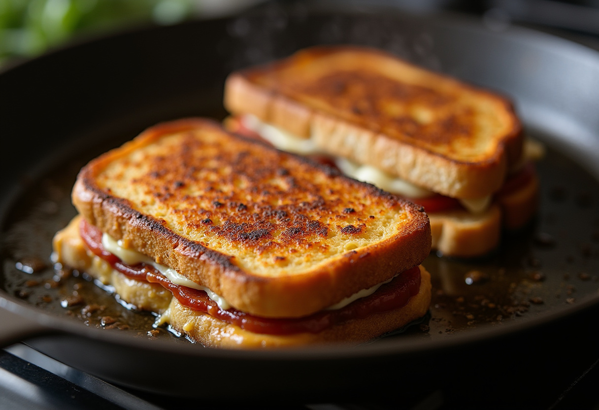 Cranberry Brie & Mozzarella Grilled Sandwich cooking in a skillet.