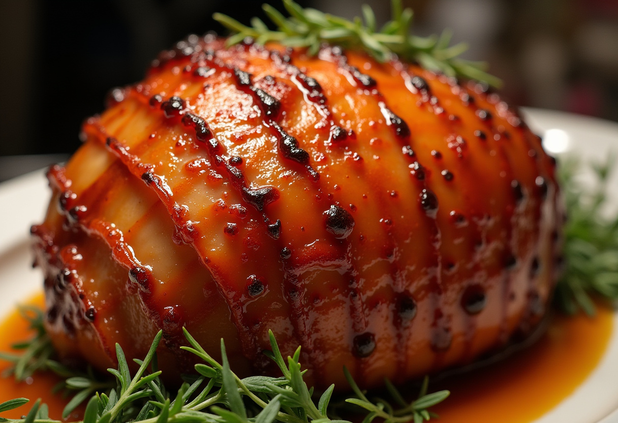 Finished Creamy Glazed Ham with caramelized glaze, ready to serve.