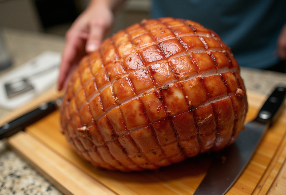 Fully cooked ham ready to be scored for Creamy Glazed Ham recipe.