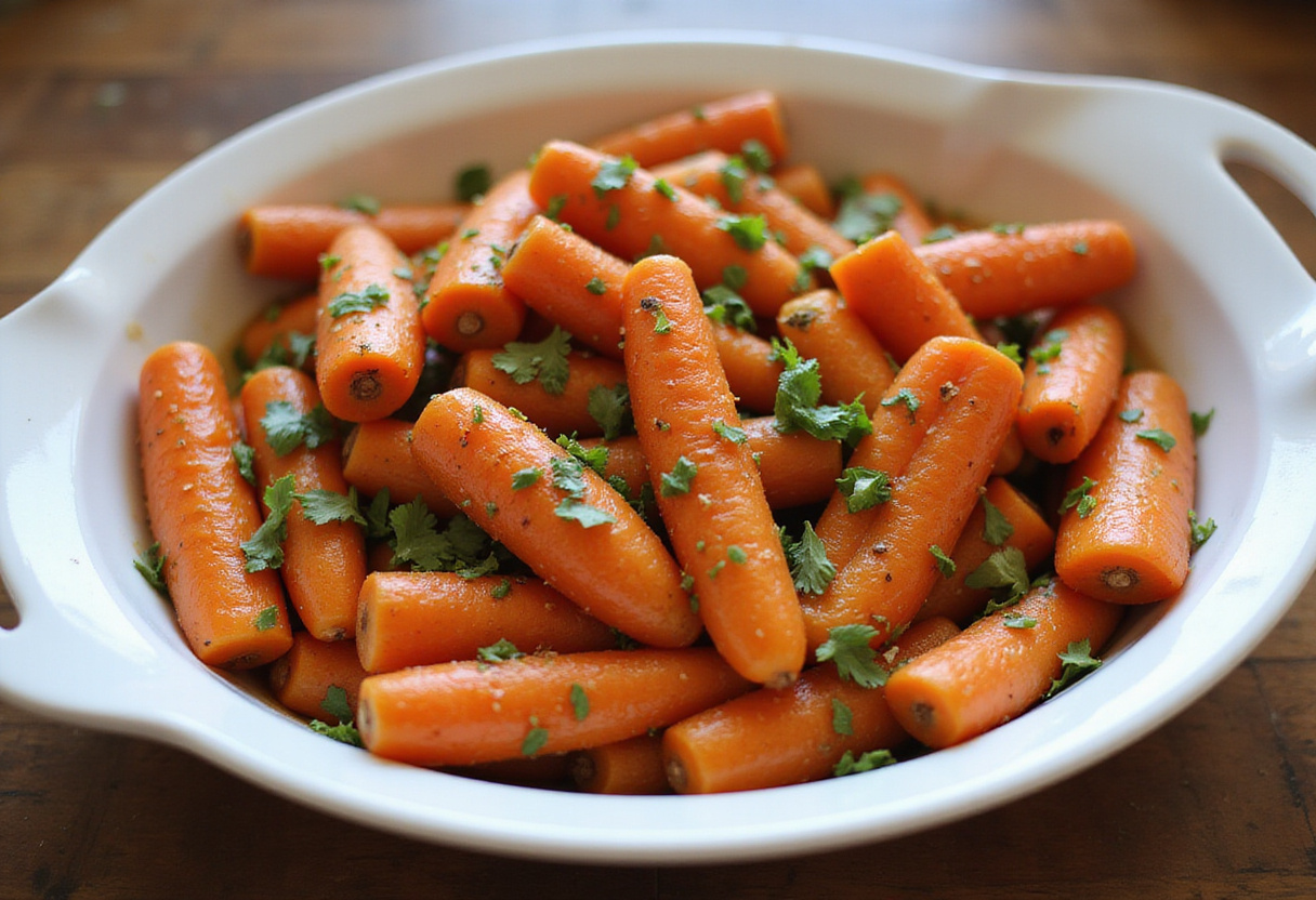 Delicious creamy honey roasted carrots garnished with herbs, ready to serve.