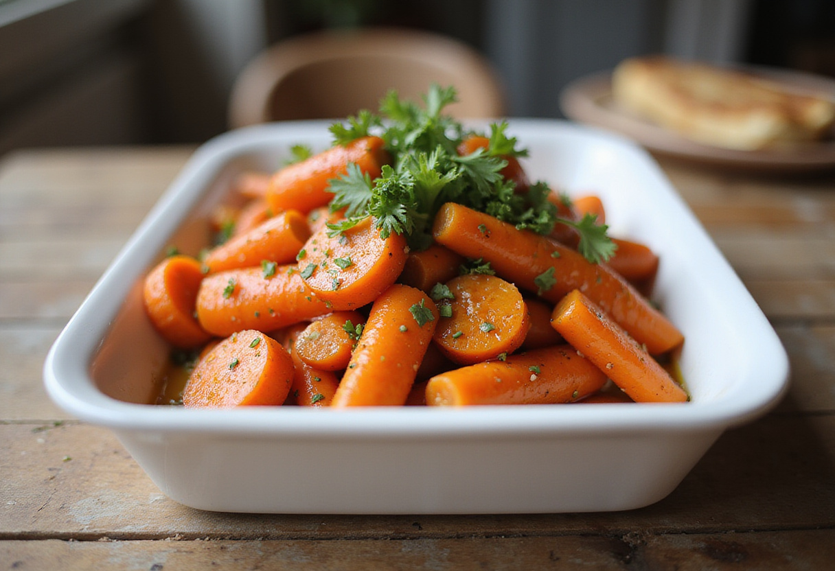 Delicious creamy honey roasted carrots garnished with herbs, ready to serve.