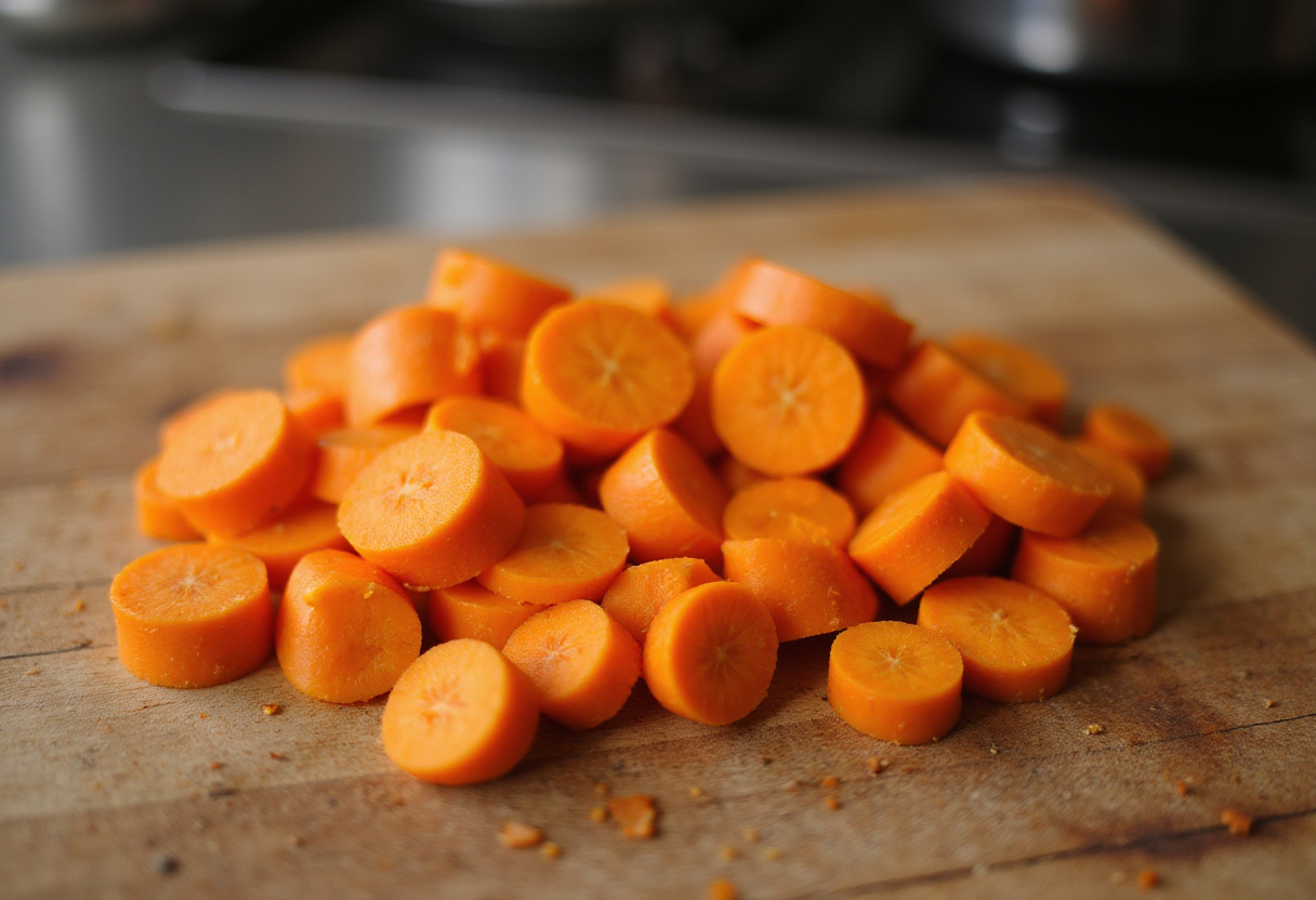 Preparing chopped carrots on a cutting board for creamy honey roasted carrots.