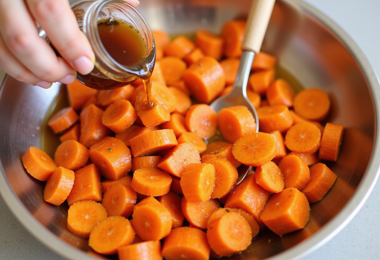 Tossing carrots with honey-olive oil glaze for even coating.