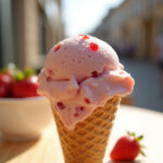 Delicious creamy strawberry ice cream with fresh chunks in a waffle cone.