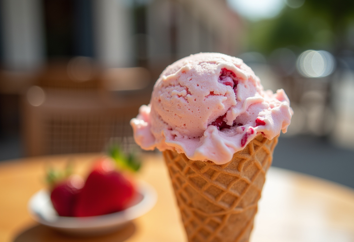 Delicious creamy strawberry ice cream with fresh chunks in a waffle cone.