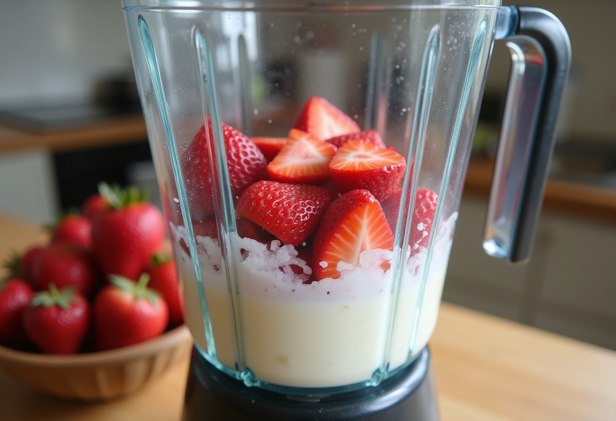 Fresh strawberries, cream, and sugar in a blender for making creamy strawberry ice cream.