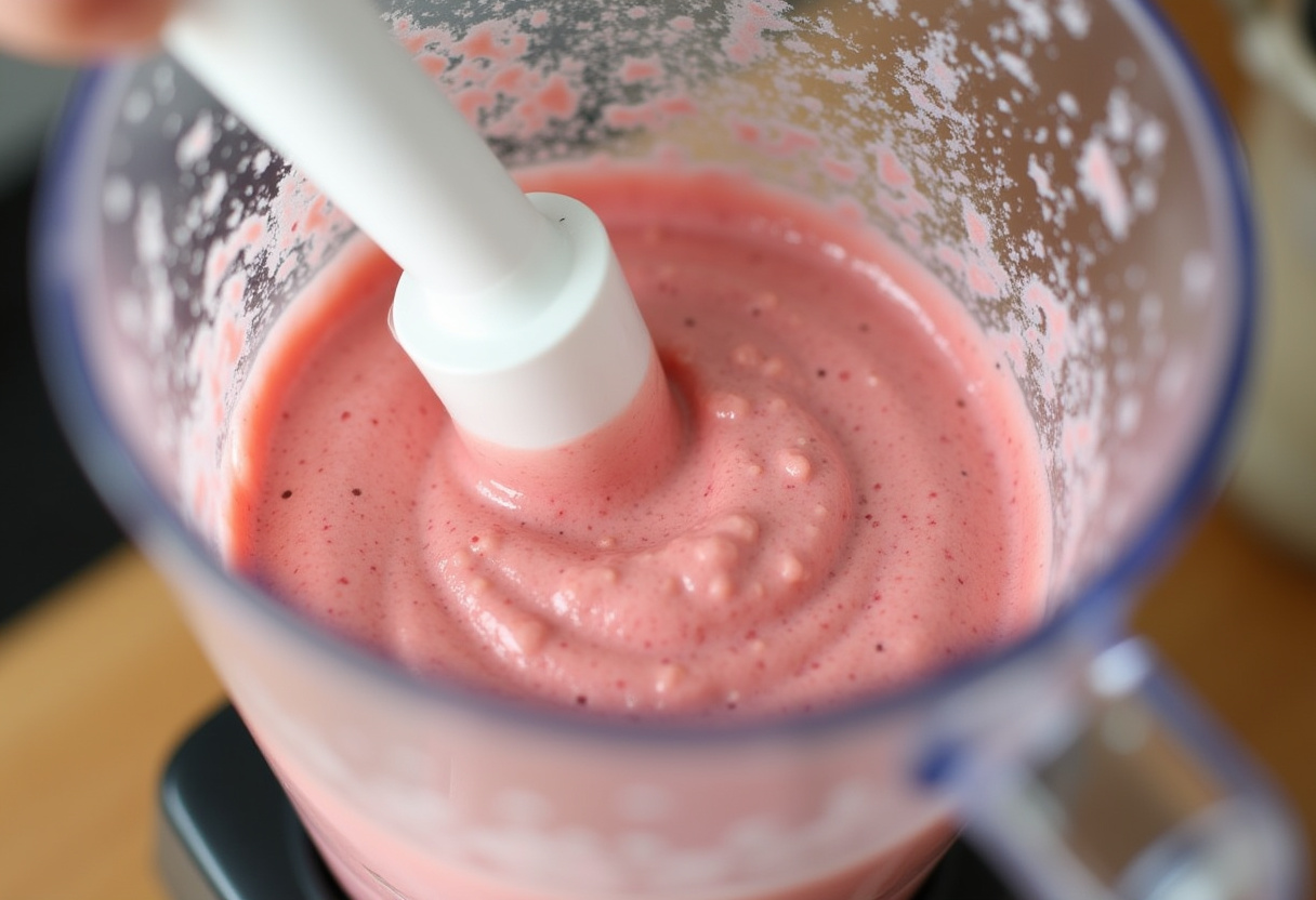 Blender pureeing strawberries, cream, and sugar for homemade strawberry ice cream.