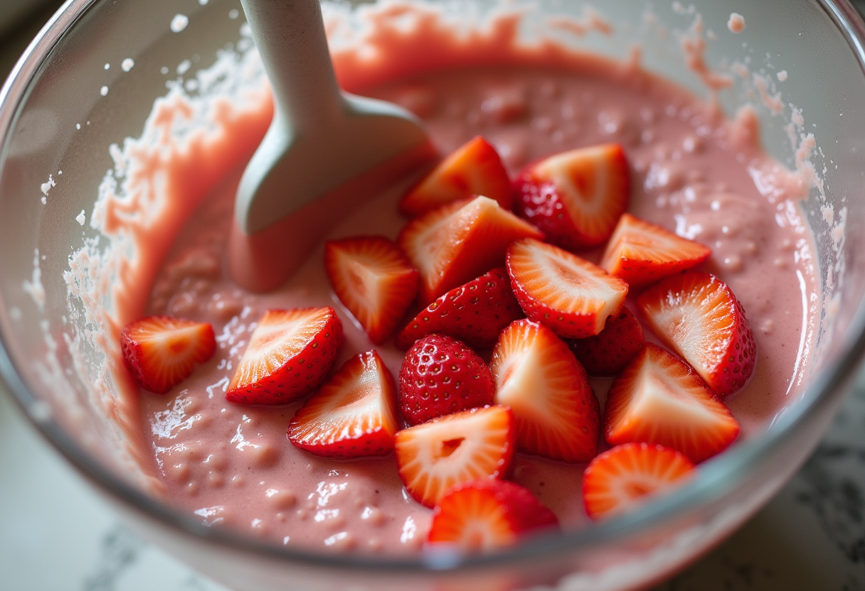 Blended strawberry mixture combined with fresh strawberry chunks for ice cream.