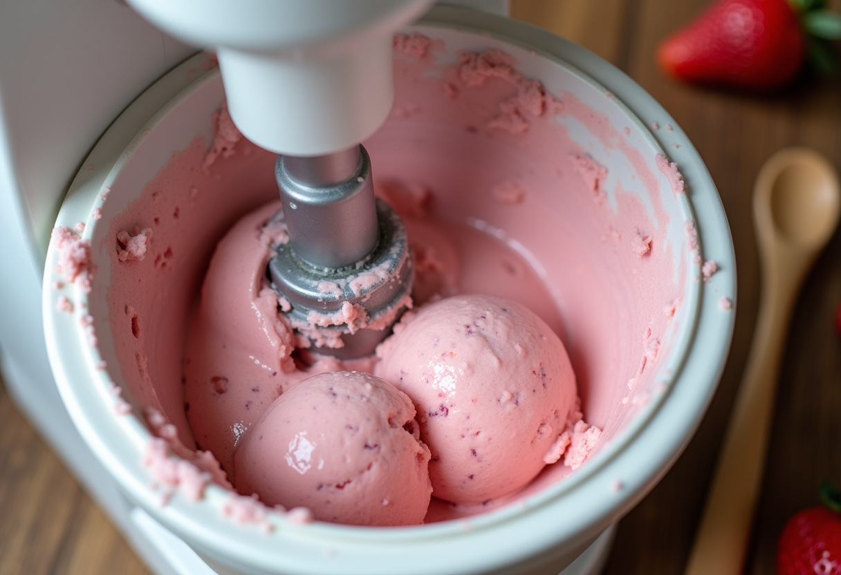 Ice cream maker churning creamy strawberry mixture with fresh chunks.