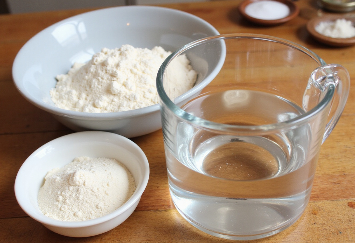 Ingredients for homemade batard bread, ready for beginners.