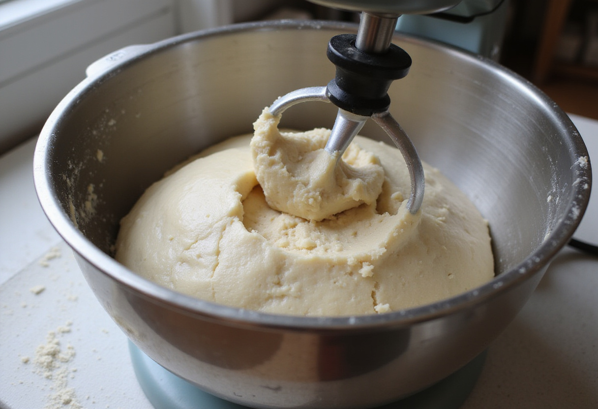 Batard bread dough being kneaded in a stand mixer.