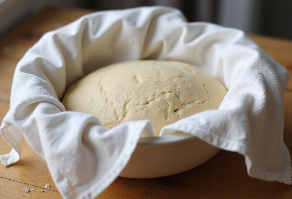 Batard bread dough rising in a bowl covered with a towel.