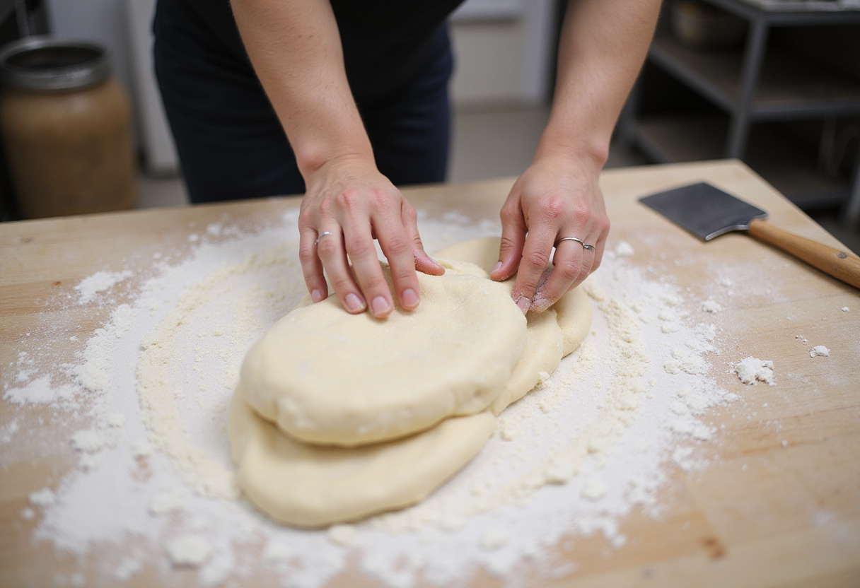 Shaping batard bread dough on a floured surface.