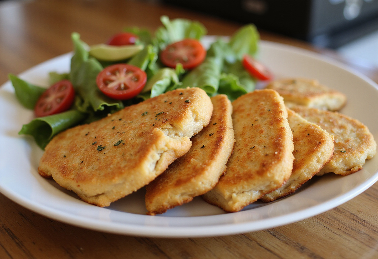 Delicious and easy chicken bread recipe, sliced and served with salad.
