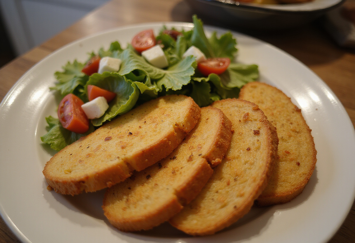 Delicious and easy chicken bread recipe, sliced and served with salad.