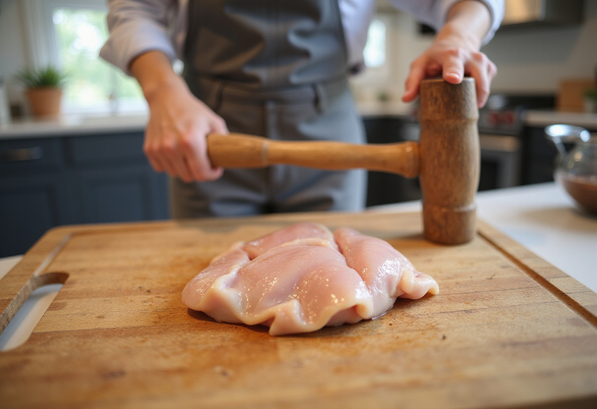 Preparing chicken breast by pounding it thin for easy chicken bread recipe.