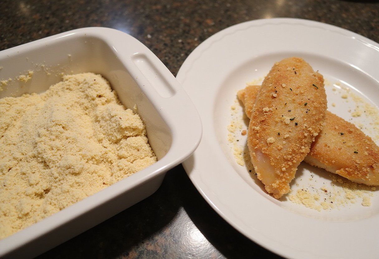 Seasoned breadcrumbs and flattened chicken for making creative chicken bread.