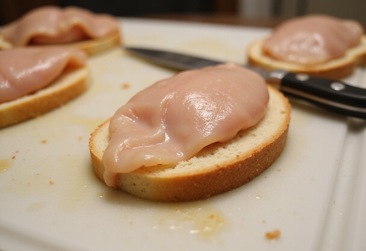 Chicken breast on bread slice, ready to be rolled for chicken bread recipe.